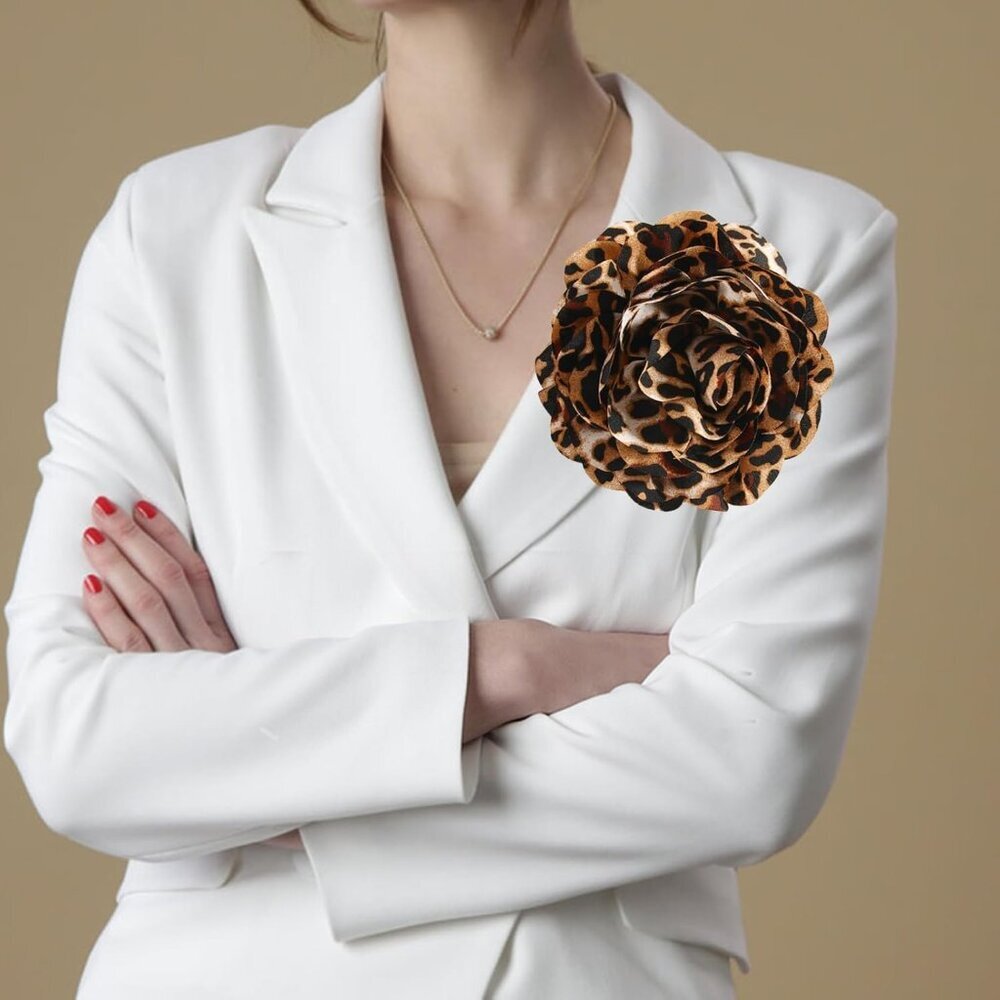 Chic Leopard Print Floral Hair Clip - Elegant Brooch for Dress and Suits - Picture 2 of 7